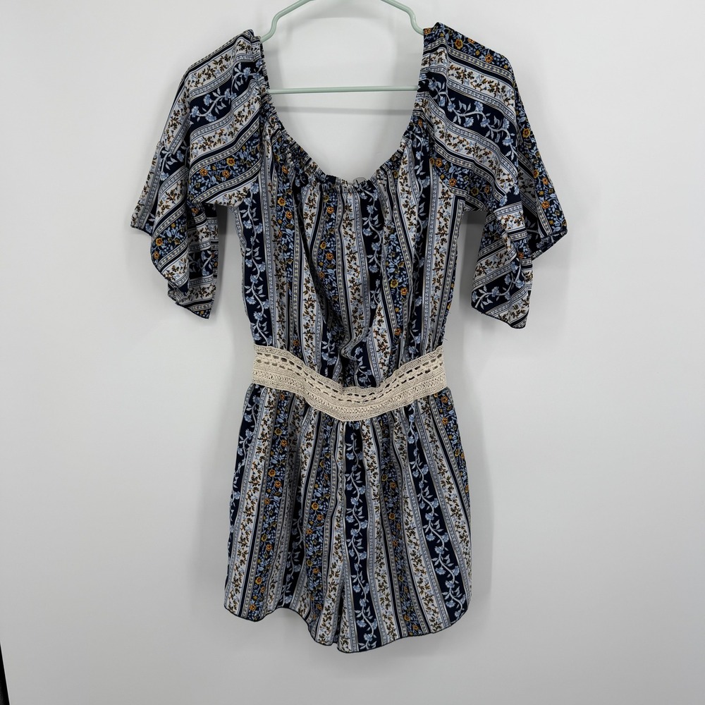 J for Justify Womens Floral Striped Crochet Waist‎ Romper Blue White Large L